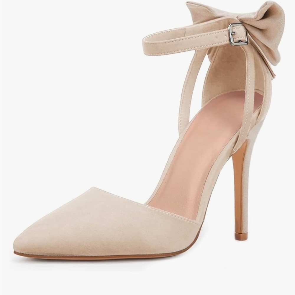Beige Bow Ankle-Strap Pointed-Toe Heels